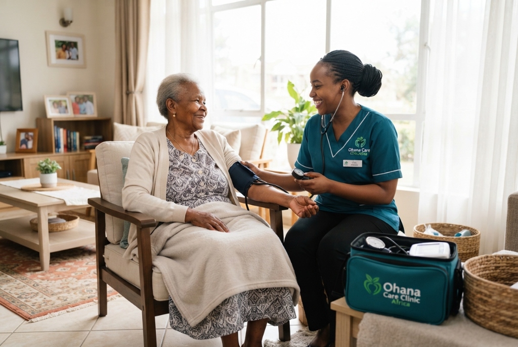 Ohana Care Clinic nurse checking blood pressure of an elderly patient during a home medical visit